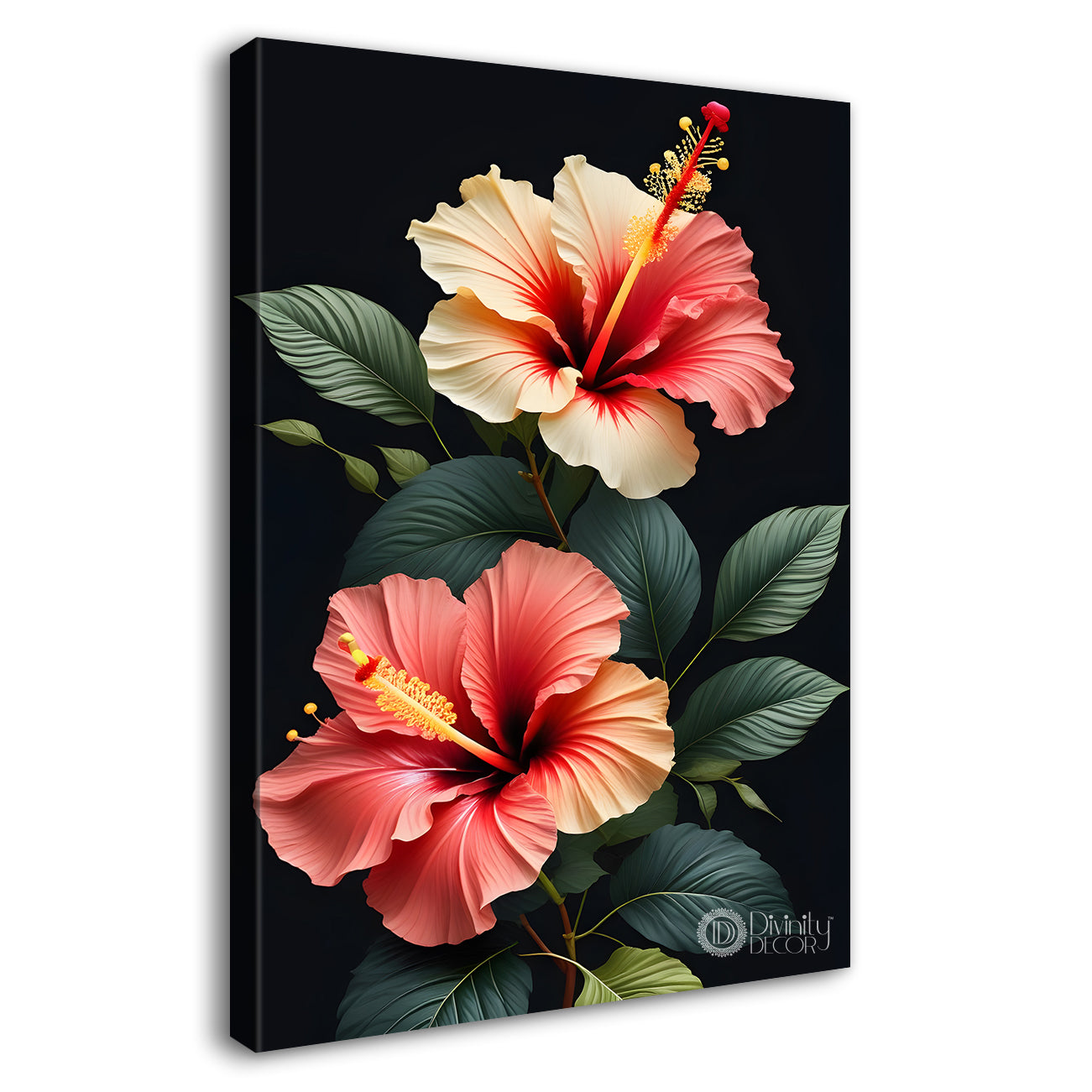 Pink hibiscus flowers in dark textured painting- Flower-V-348