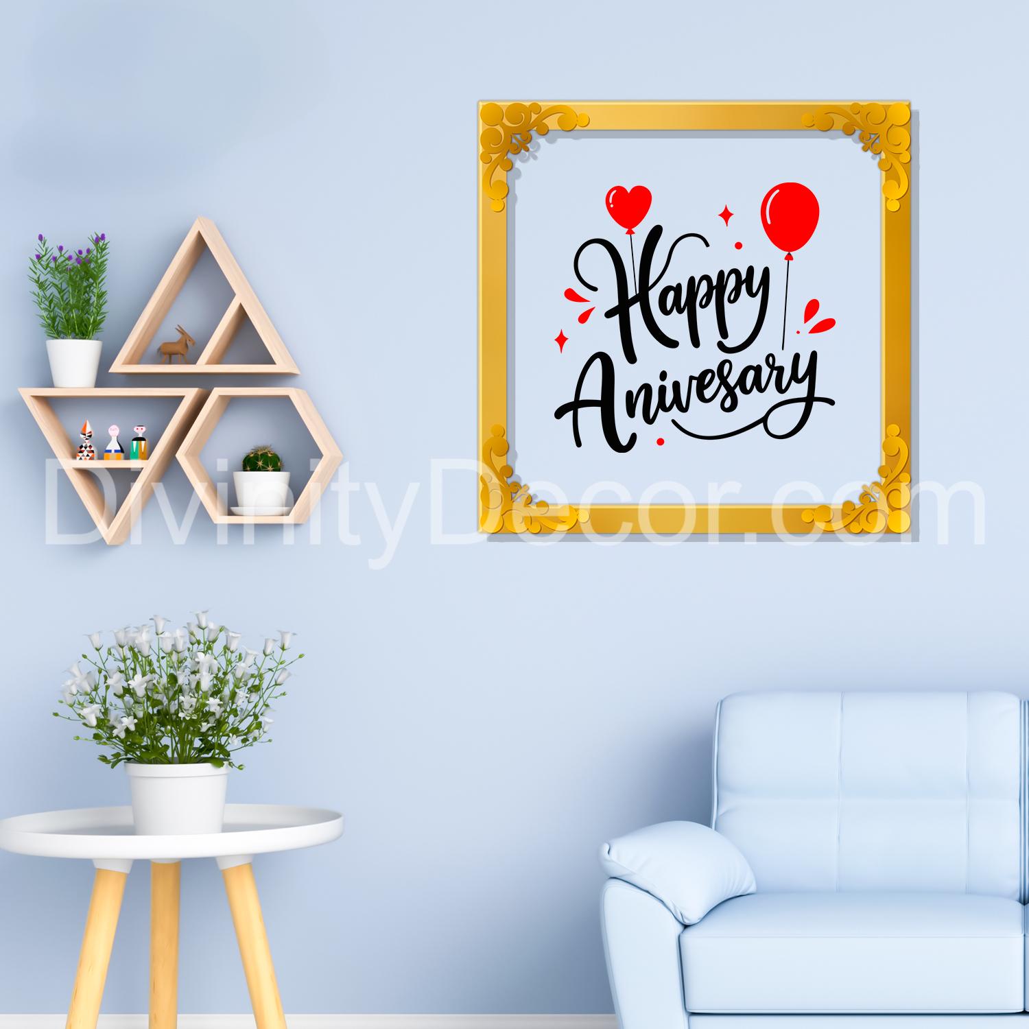 Happy anniversary Golden Plaque for Gifting, Wall Décor Clear UV print with Golden Border-349