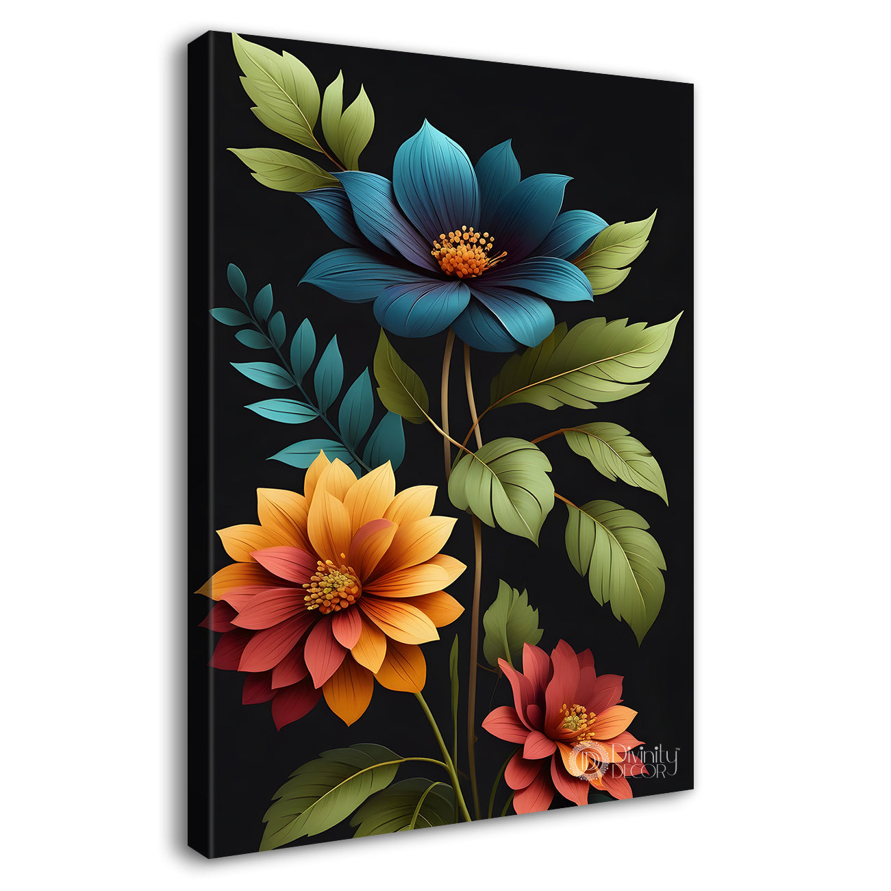 Colourful flowers in dark textured painting- Flower-V-349