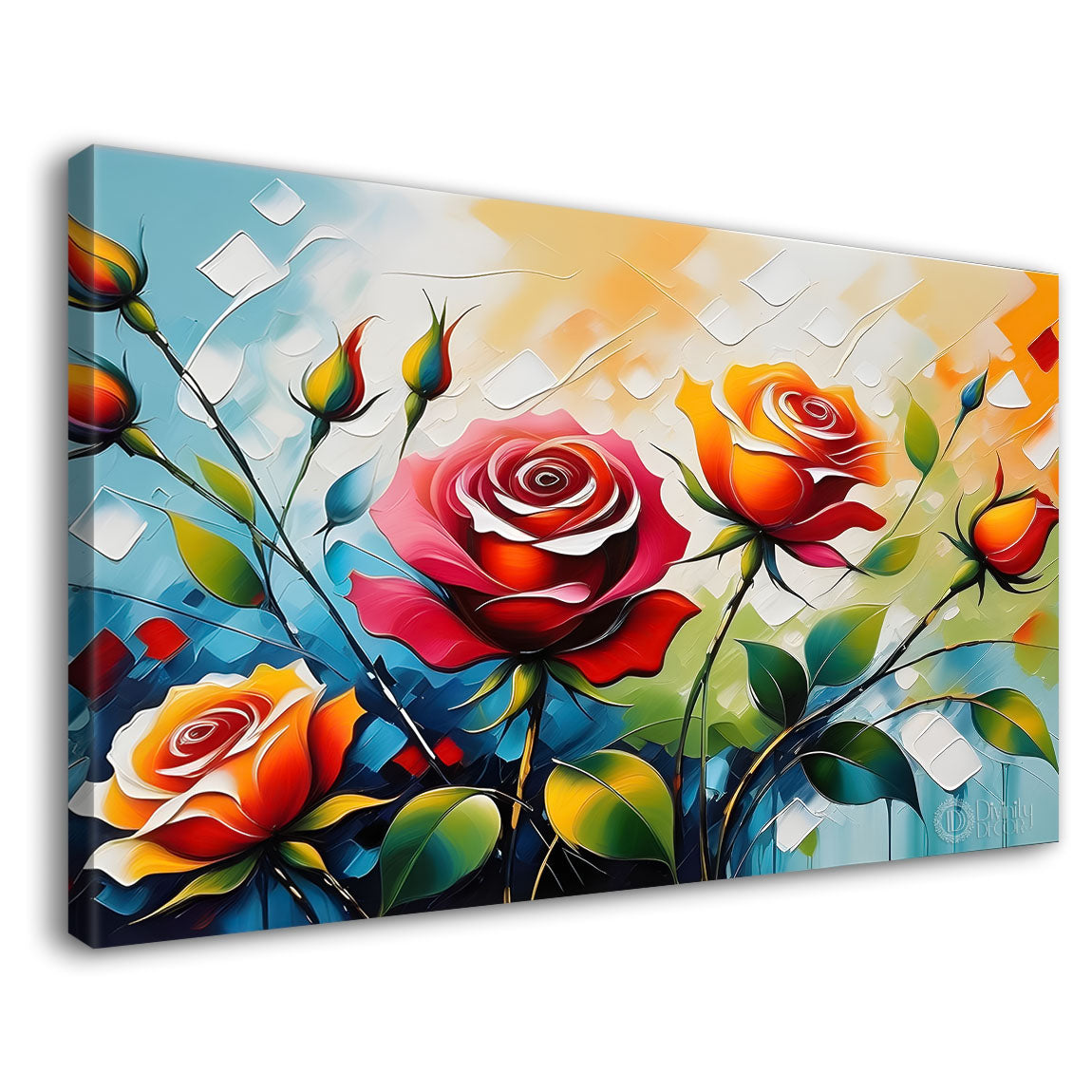 Colorful flowers in blue background canvas painting- Flower-349