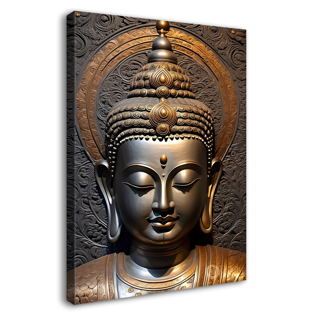 Golden buddha face with grey background textured painting - Buddha-V-34