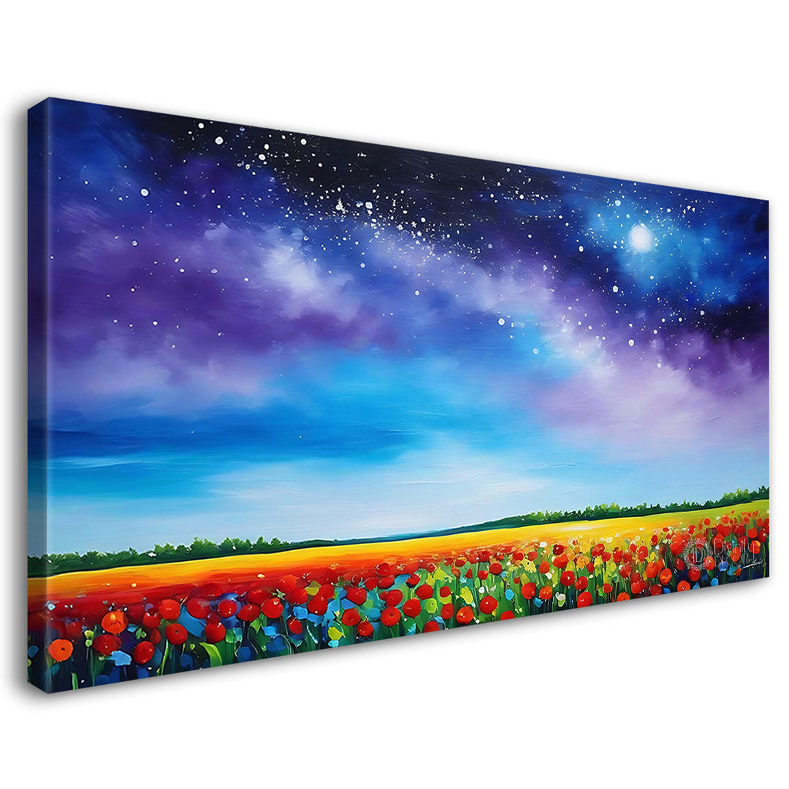 Beautiful blue sky with flowers field in textured natural art Canvas Painting - Nature Art -34