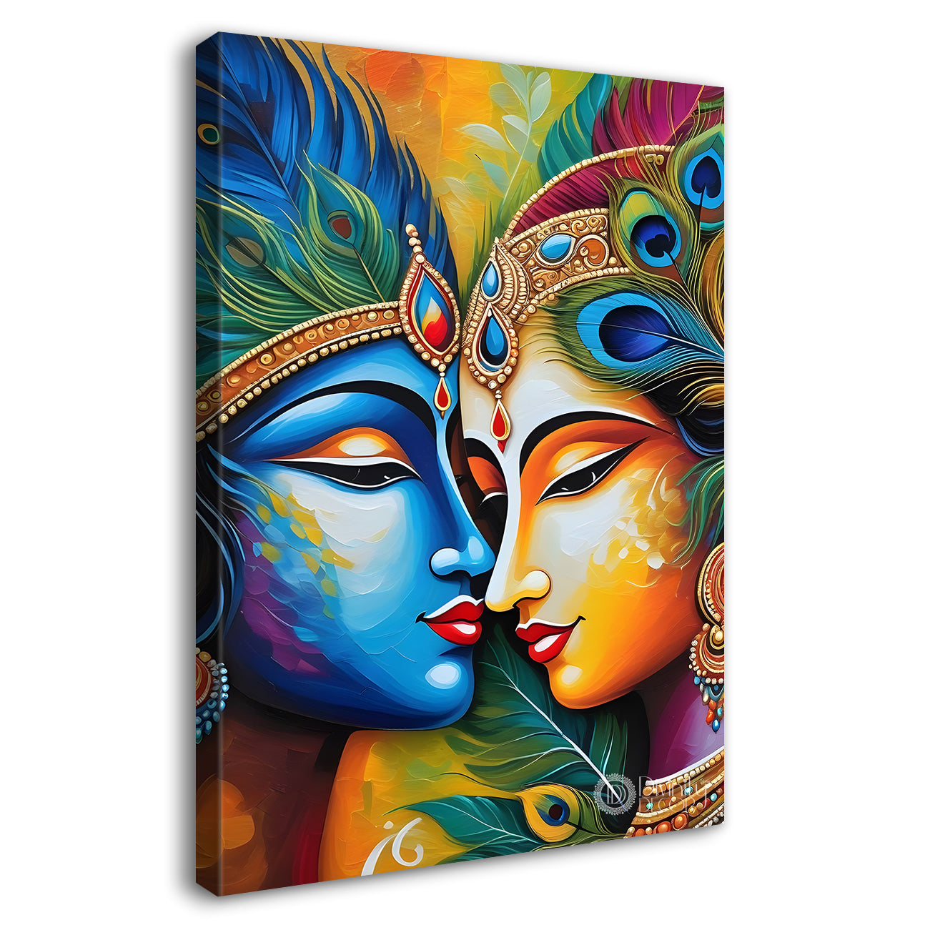Blue face of krishna with radha in orange background textured art Canvas Painting - Design - Krishna-V-34