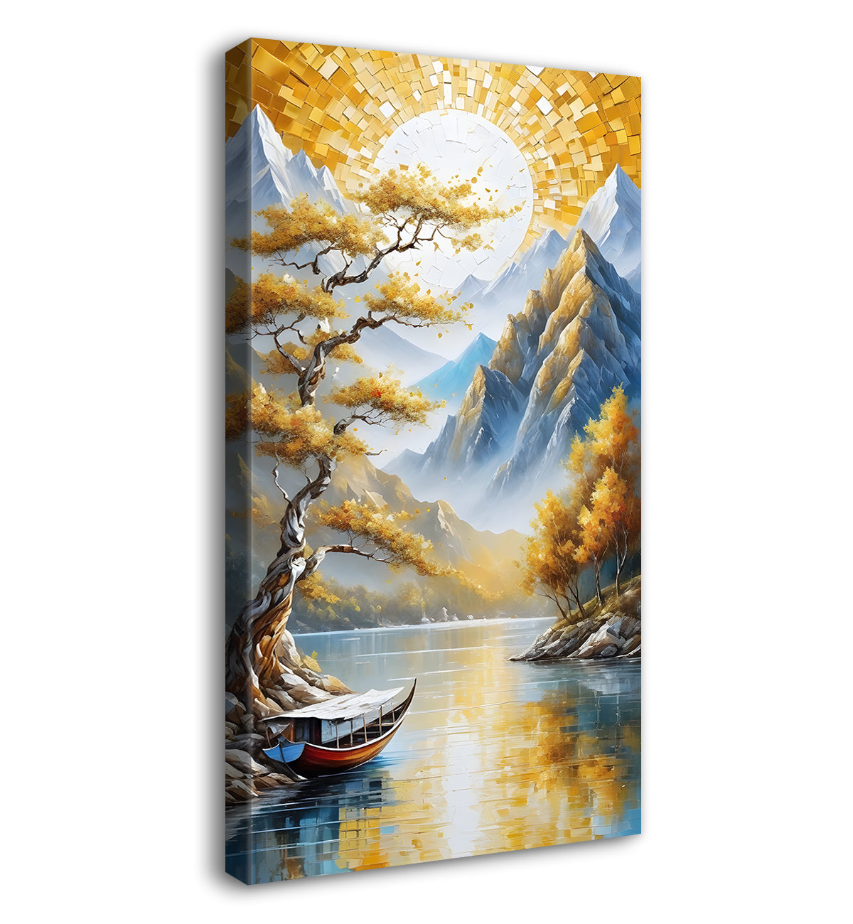 Golden trees with lake and white mountains textured painting Canvas Painting - Nature Art -V-34
