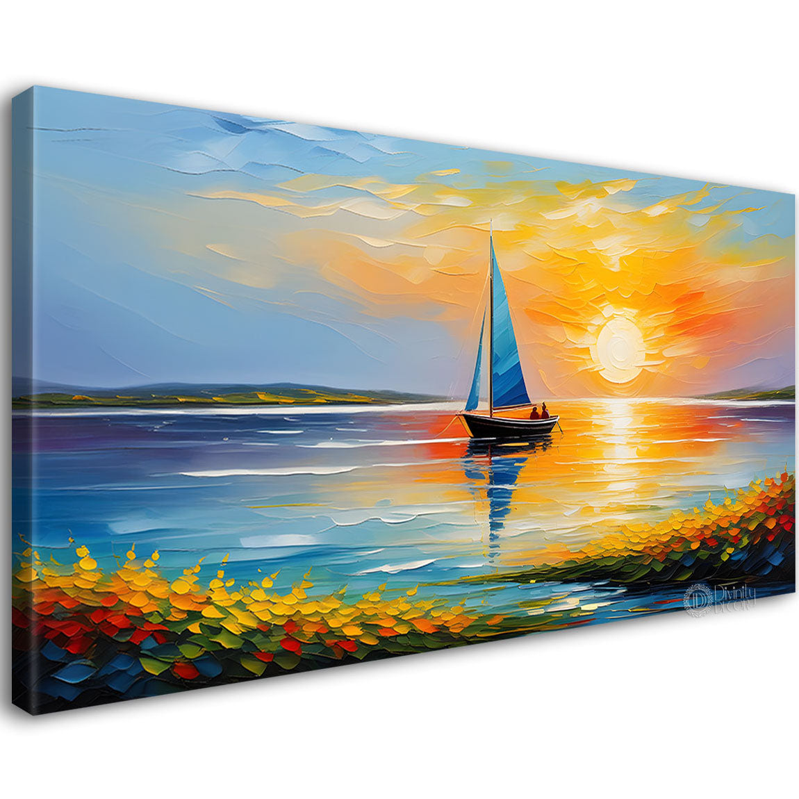 Boats in sea with sunset background textured modern art canvas painting - Design - River-34