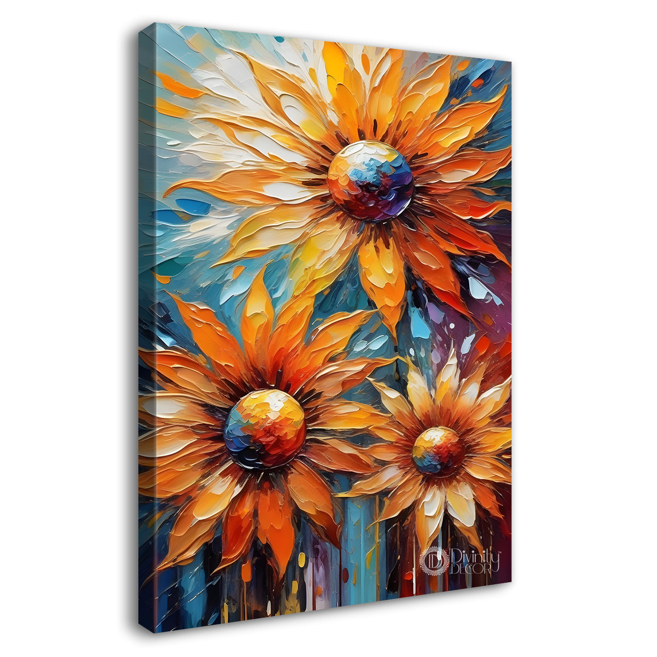 Orange flowers in colourful textured background painting- Flower-V-34