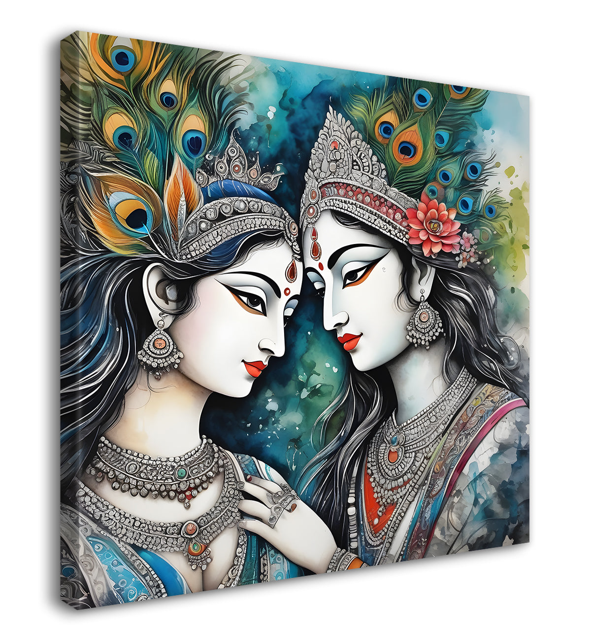 Blue face of krishna with radha in oil painting Canvas Painting 24X24- Design - Krishna-S-34