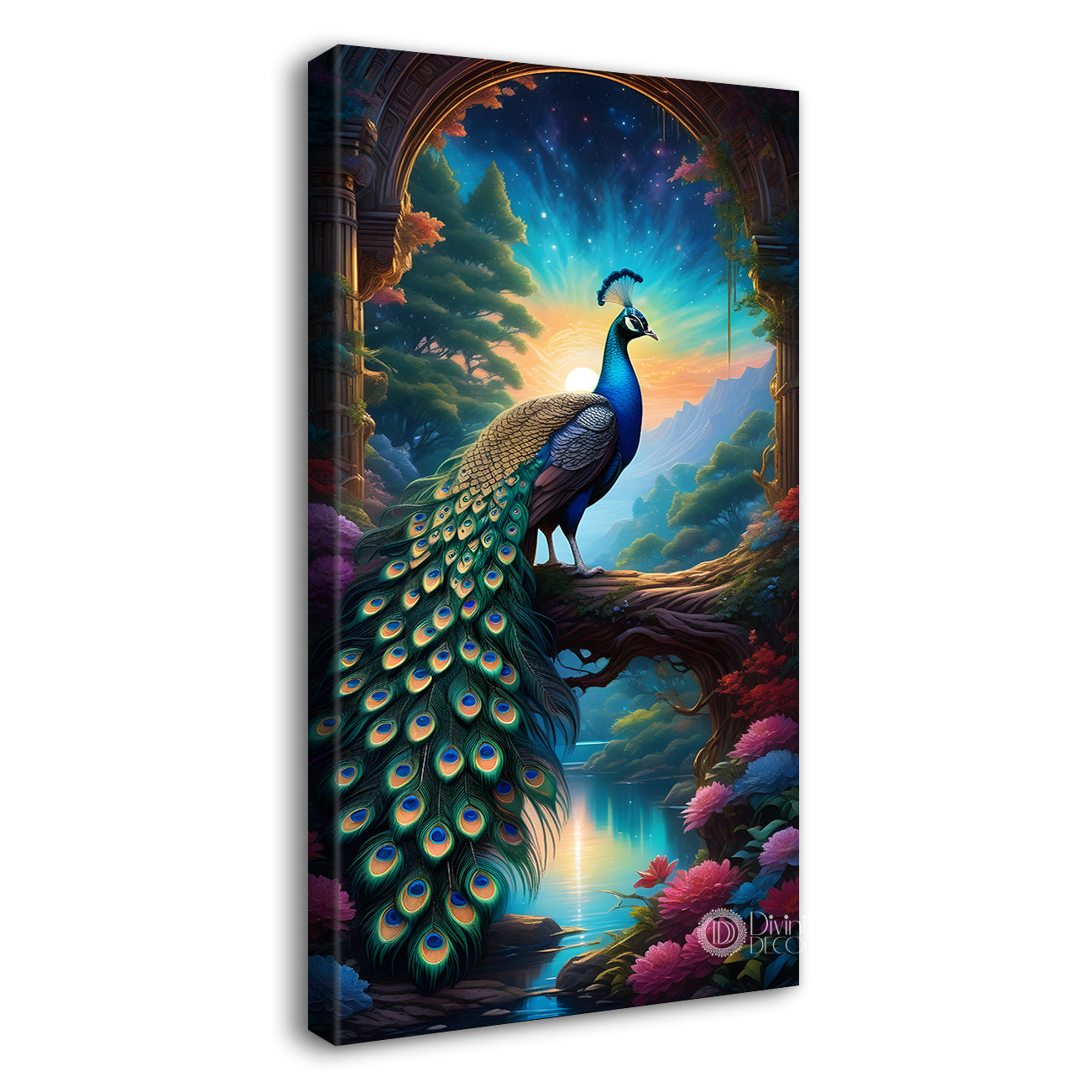 Peacock on branch in front of moon with blue background modern art painting - Design - Peacock-V-34