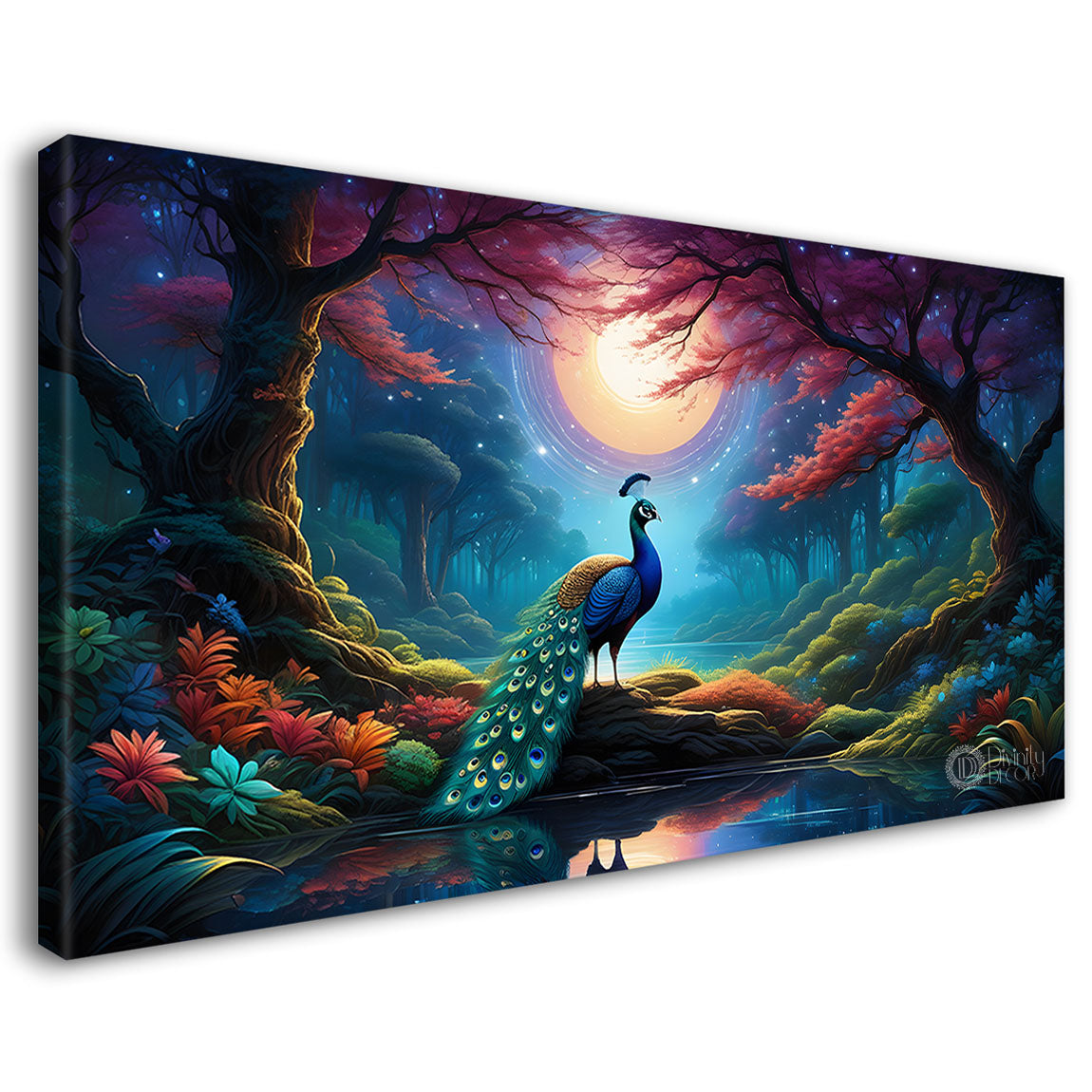 Peacock on the branch with dark background painting Canvas Painting - Design - Peacock-35