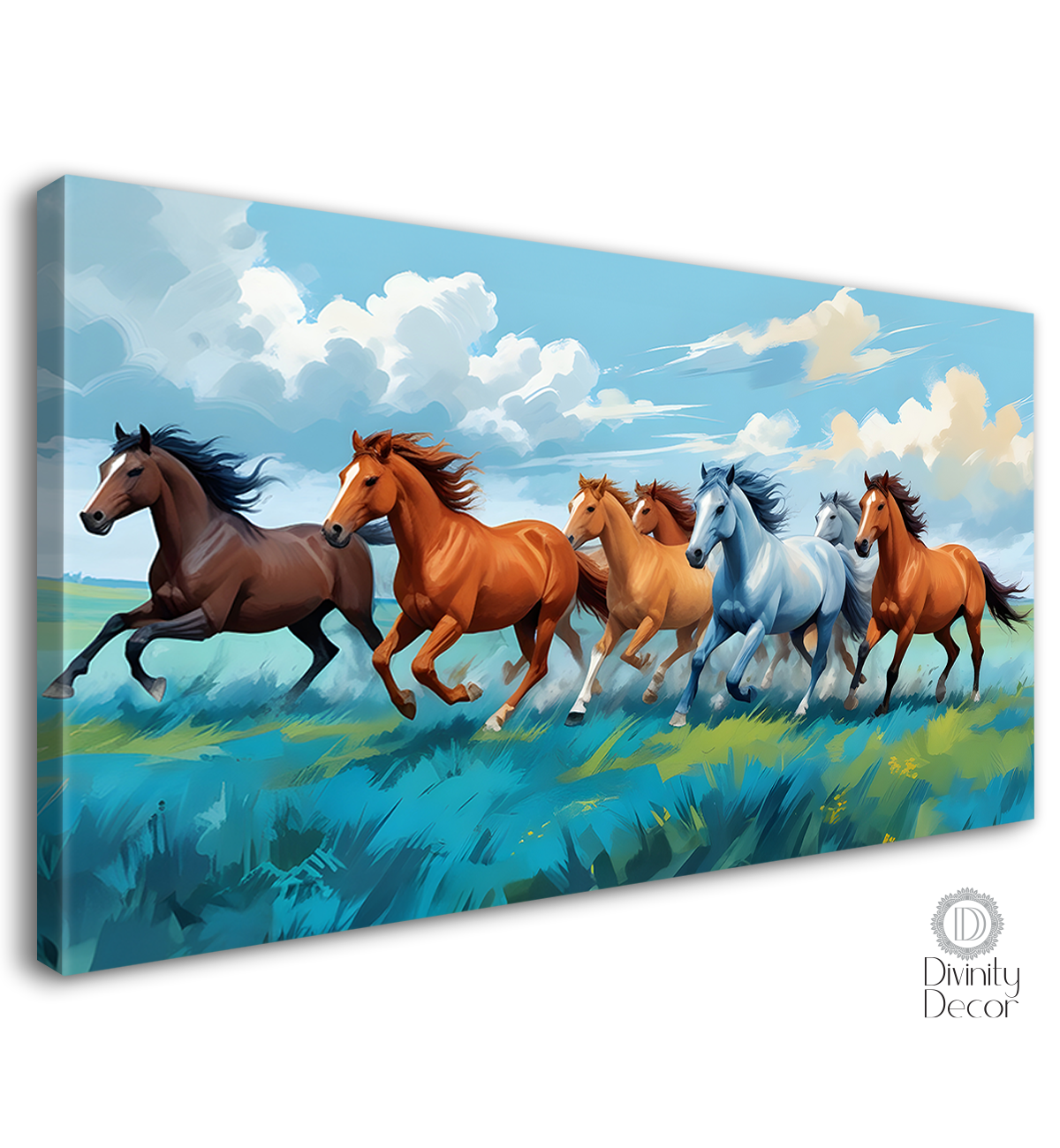 Brown, white and blue running horses on the field with cloudy and sky blue textured background art Canvas Painting - Design - Horse-35