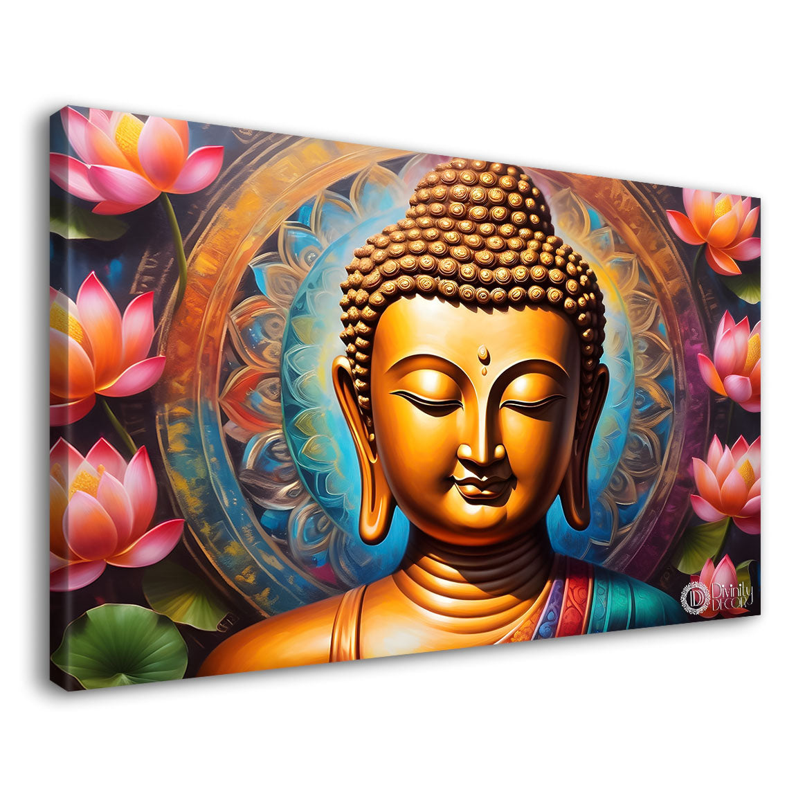 Golden buddha with colorful and lotus background textured painting Canvas Wall Painting - Buddha-350