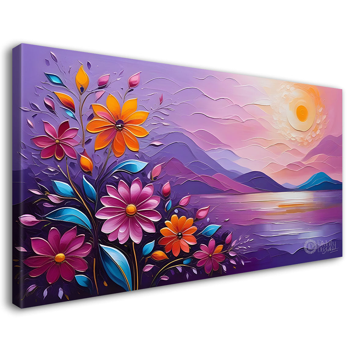 Mountains with flowers and sunset painting Canvas Painting - Nature Art -352