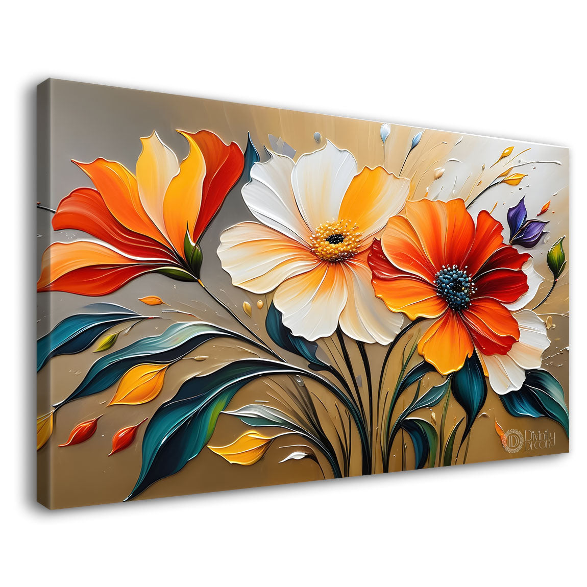 Orange and white flowers in light background canvas painting- Flower-352