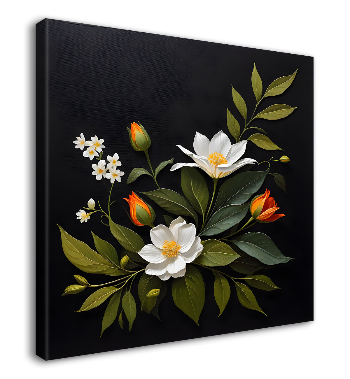 White flowers in black background painting Flower-S-352