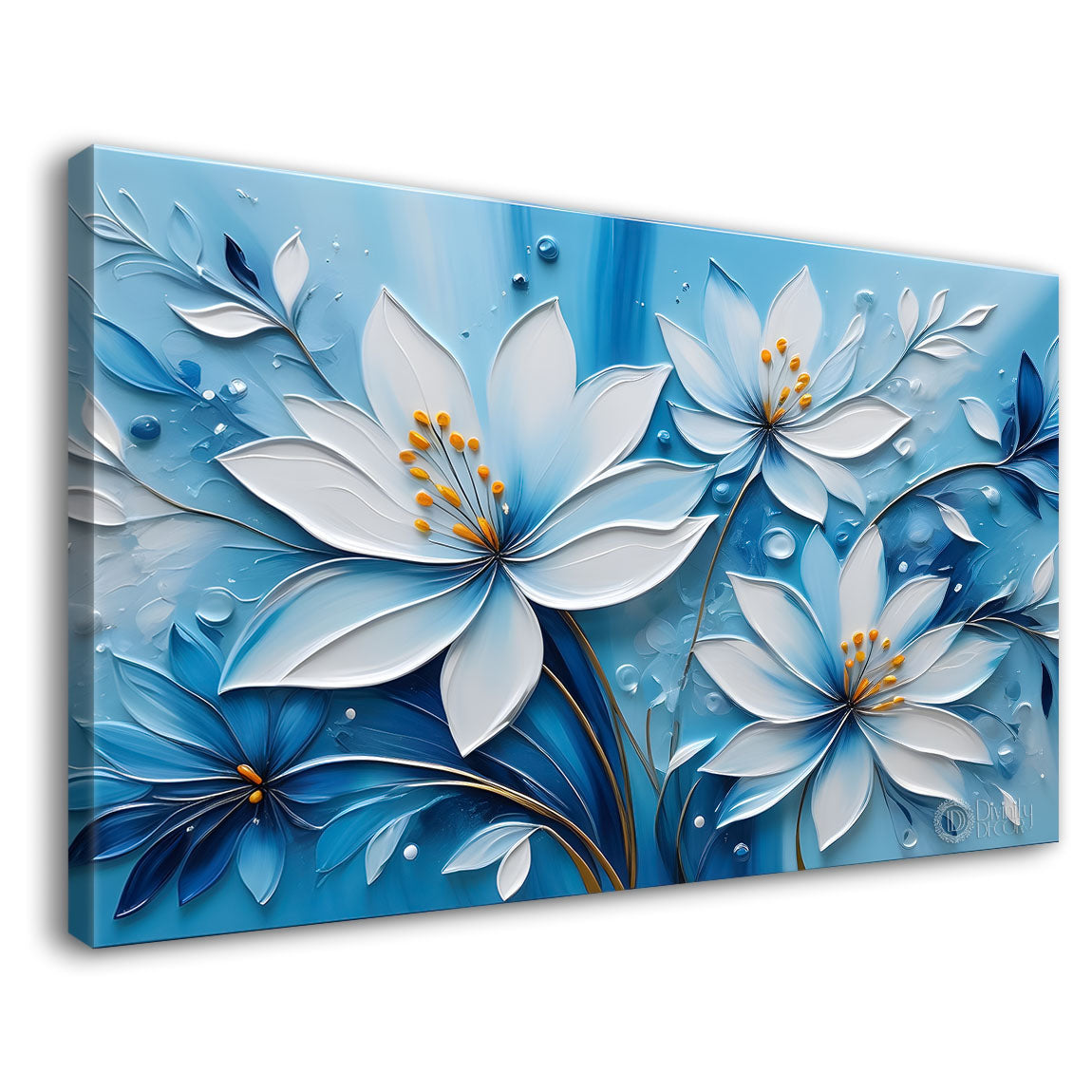 White flowers in blue background canvas painting- Flower-353