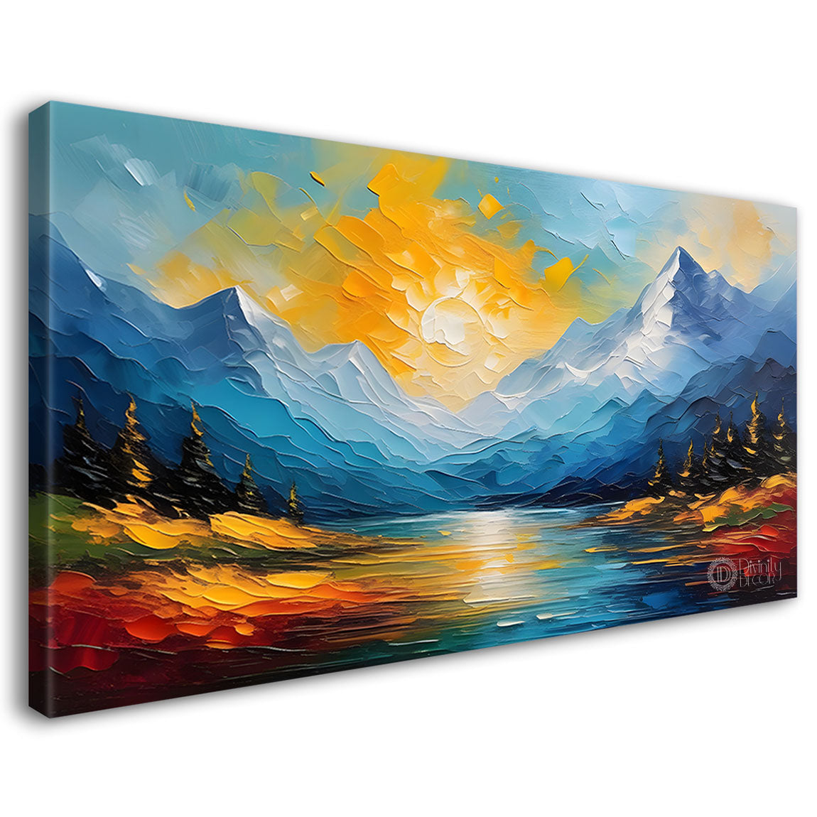 Mountains with sun in textured painting Canvas Painting - Nature Art -353