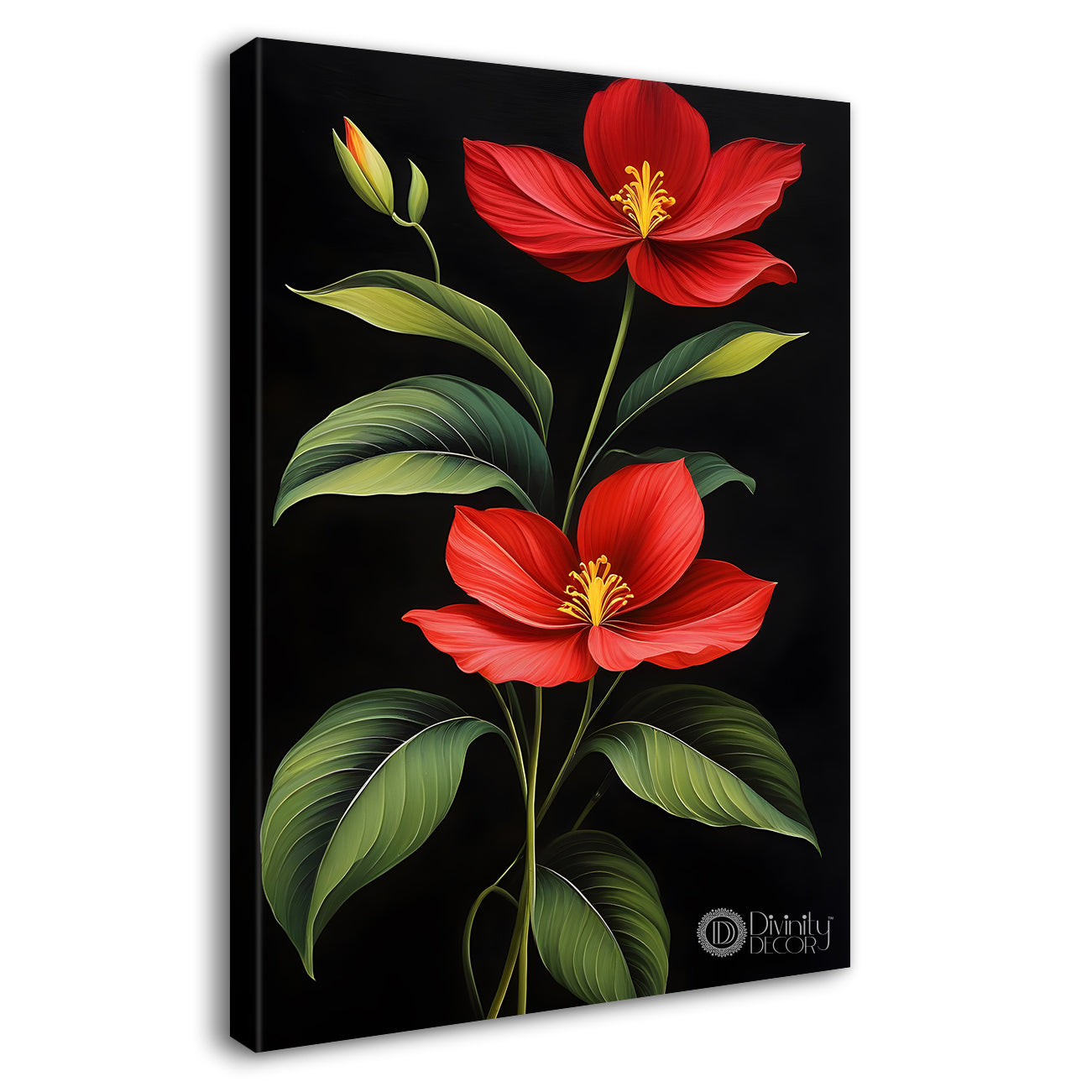 Red flowers in dark textured background painting- Flower-V-354