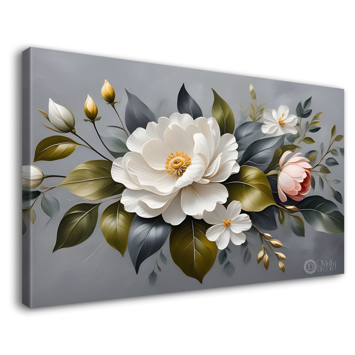 White flowers in grey background canvas painting- Flower-354