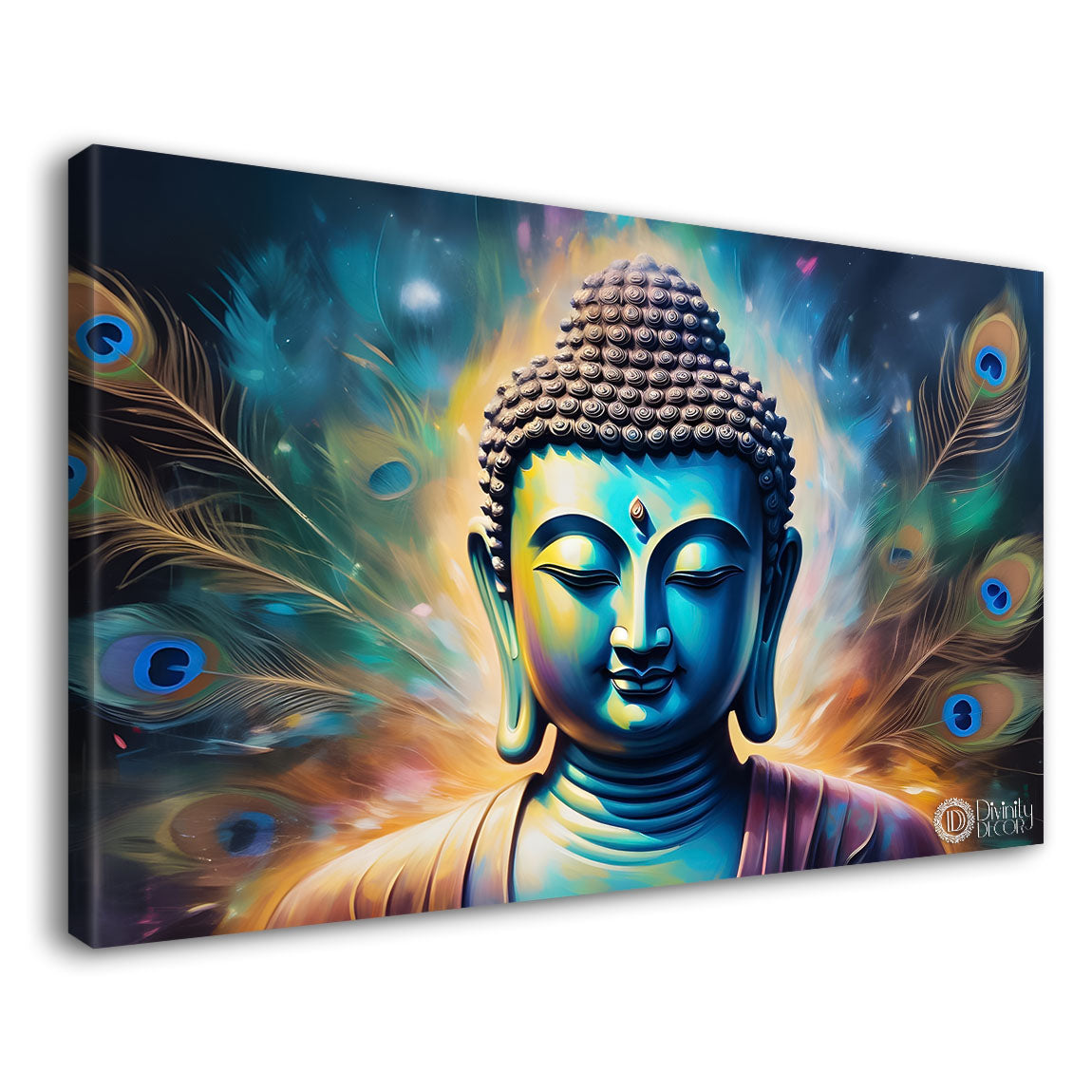 Blue buddha with peacock feather  textured  background painting Canvas Wall Painting - Buddha-355