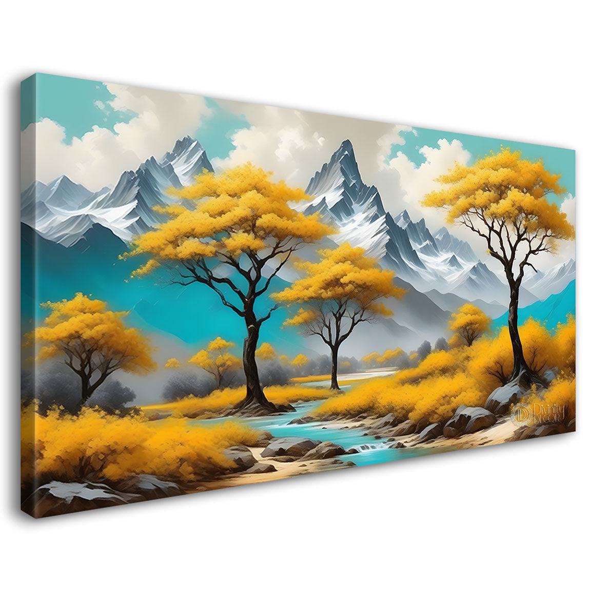 Yellow trees with mountains painting Canvas Painting - Nature Art -355