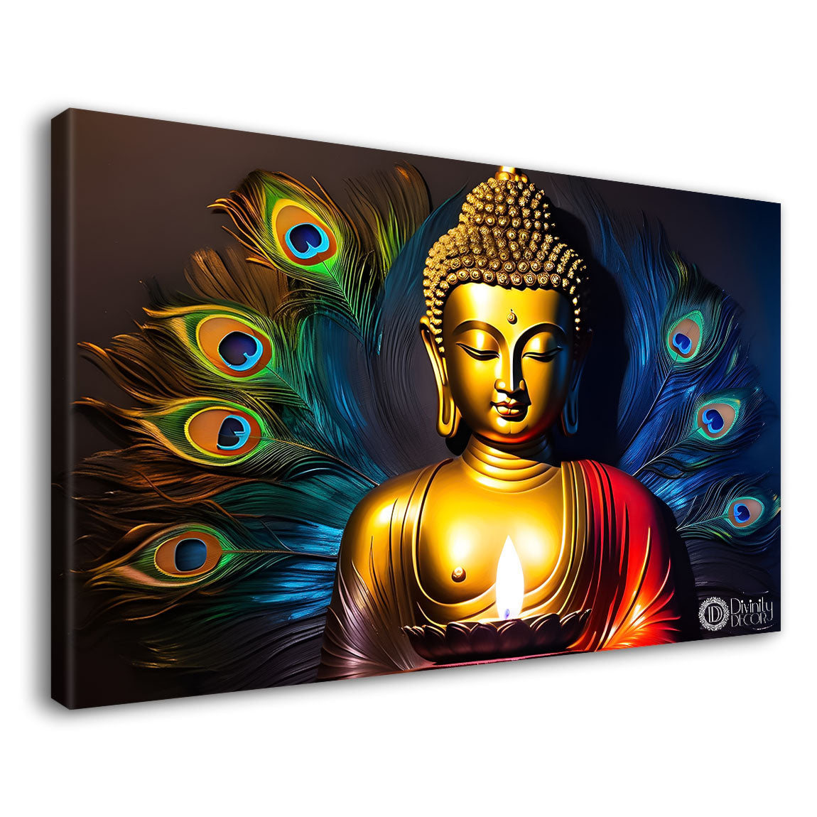 Golden buddha with peacock feather and orange textured background painting Canvas Wall Painting - Buddha-356