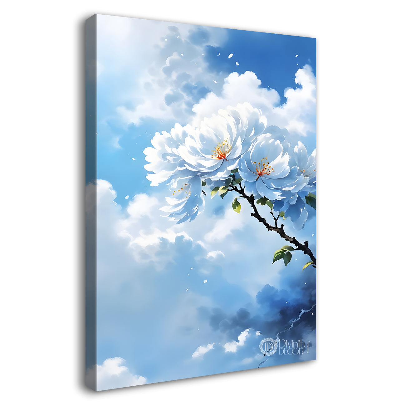 White flowers in cloudy textured background painting- Flower-V-356