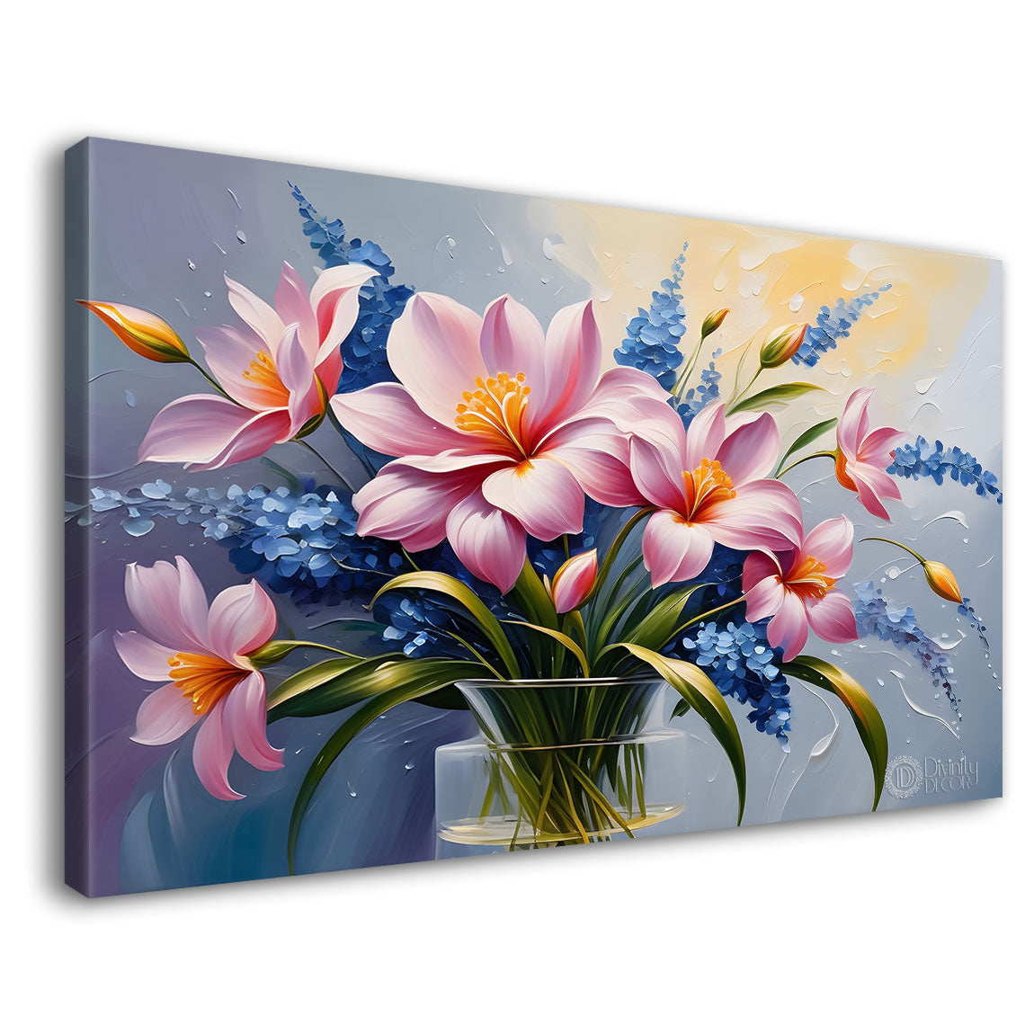 Pink flowers in grey background canvas painting- Flower-357