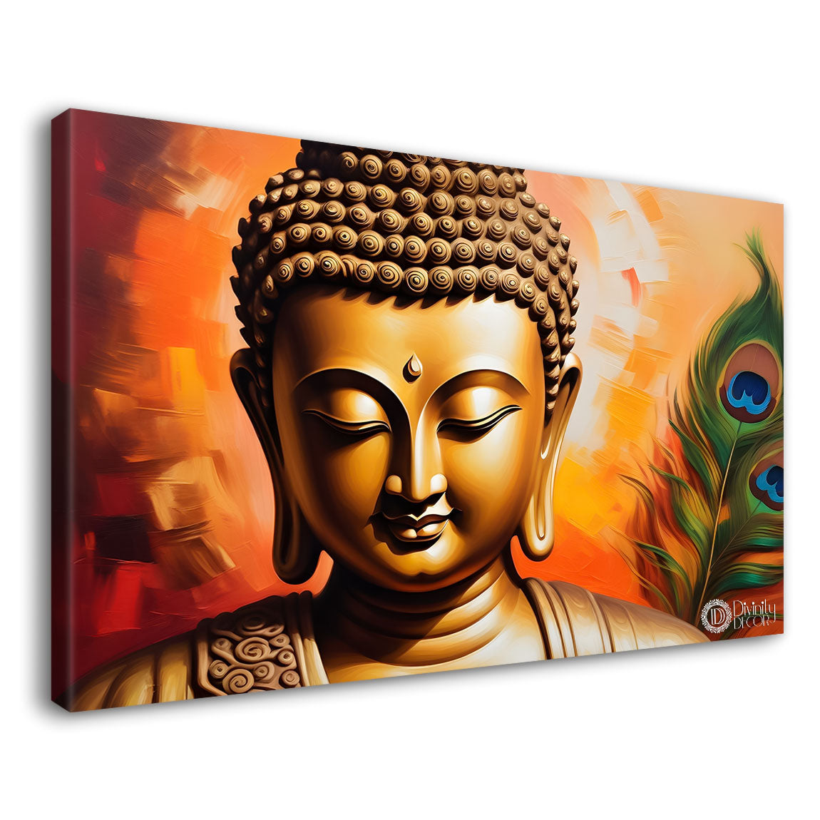 Golden buddha with peacock feather and orange textured background painting Canvas Wall Painting - Buddha-358