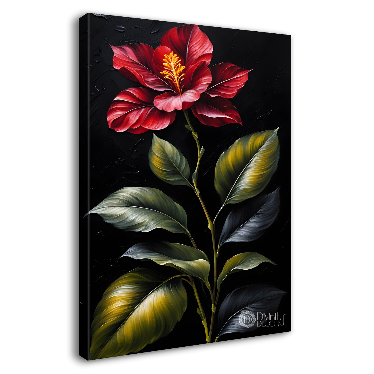 Red flowers in dark textured painting- Flower-V-358