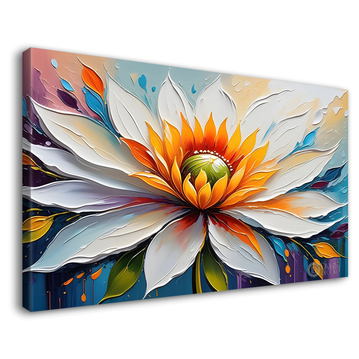 White flower in blue background canvas painting- Flower-358