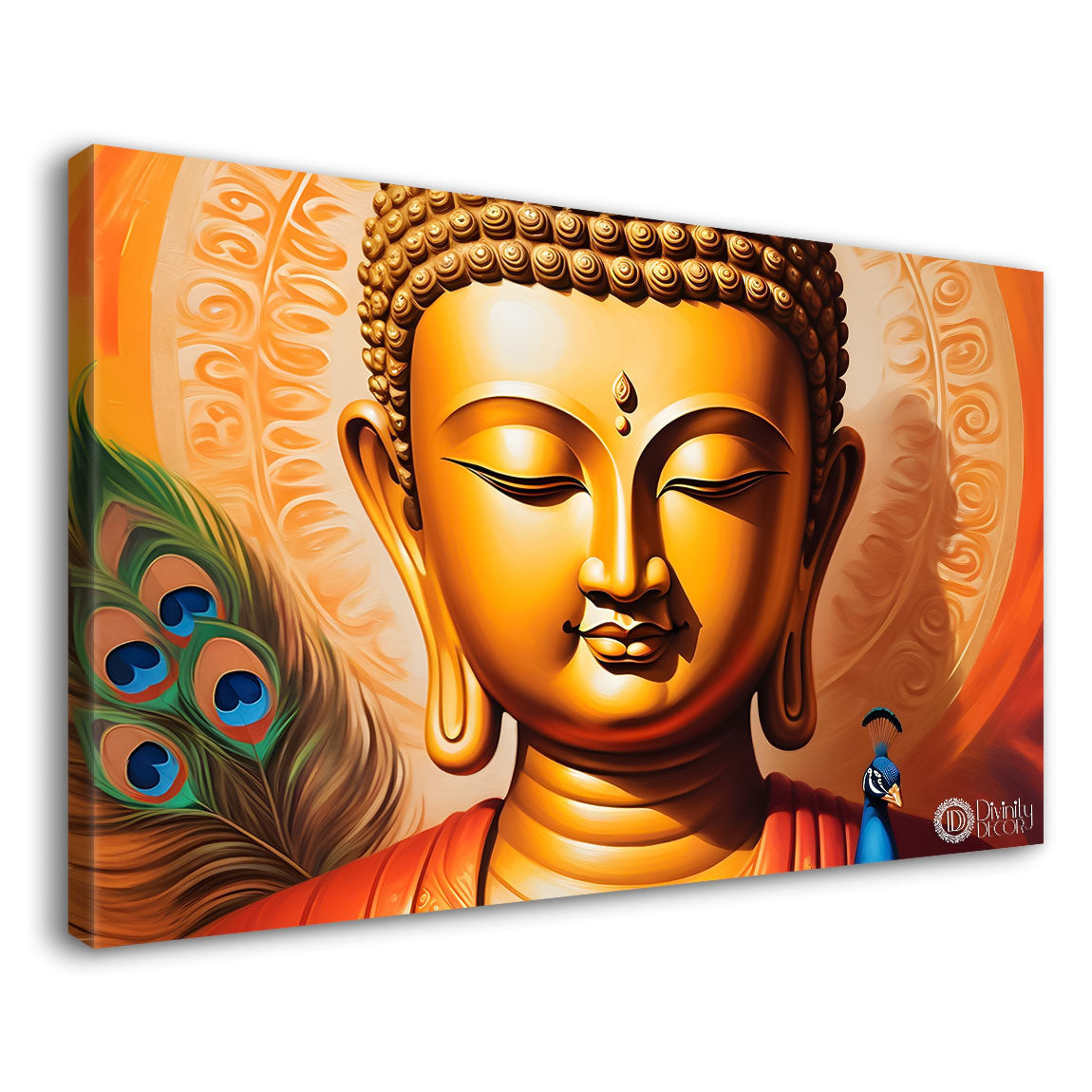 Golden buddha with peacock feather and orange textured background painting Canvas Wall Painting - Buddha-359