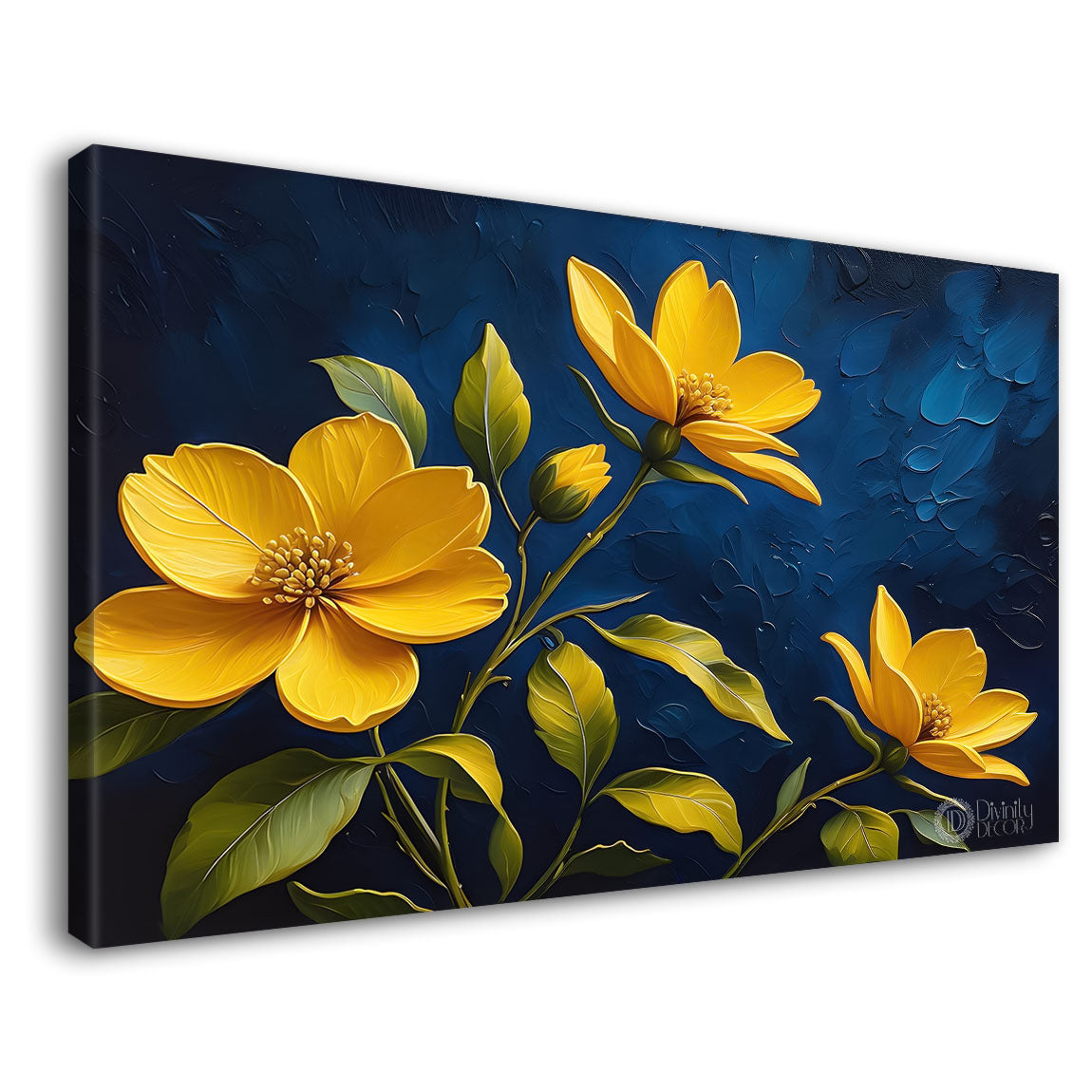 Yellow flowers in navy blue background canvas painting- Flower-359