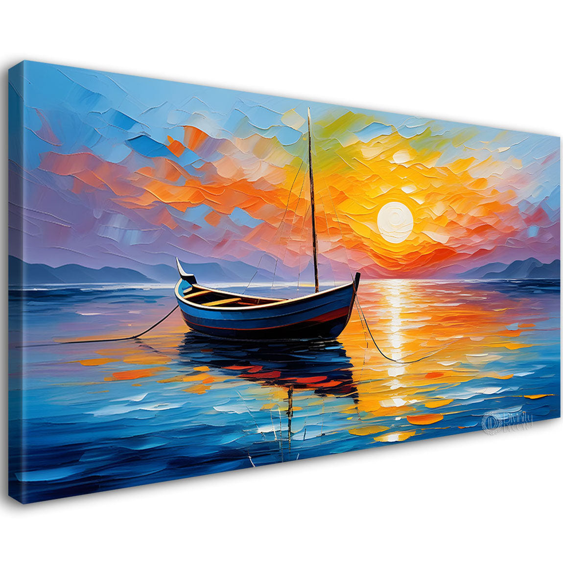 Boat in sea with sunrise background textured modern art canvas painting - Design - River-35