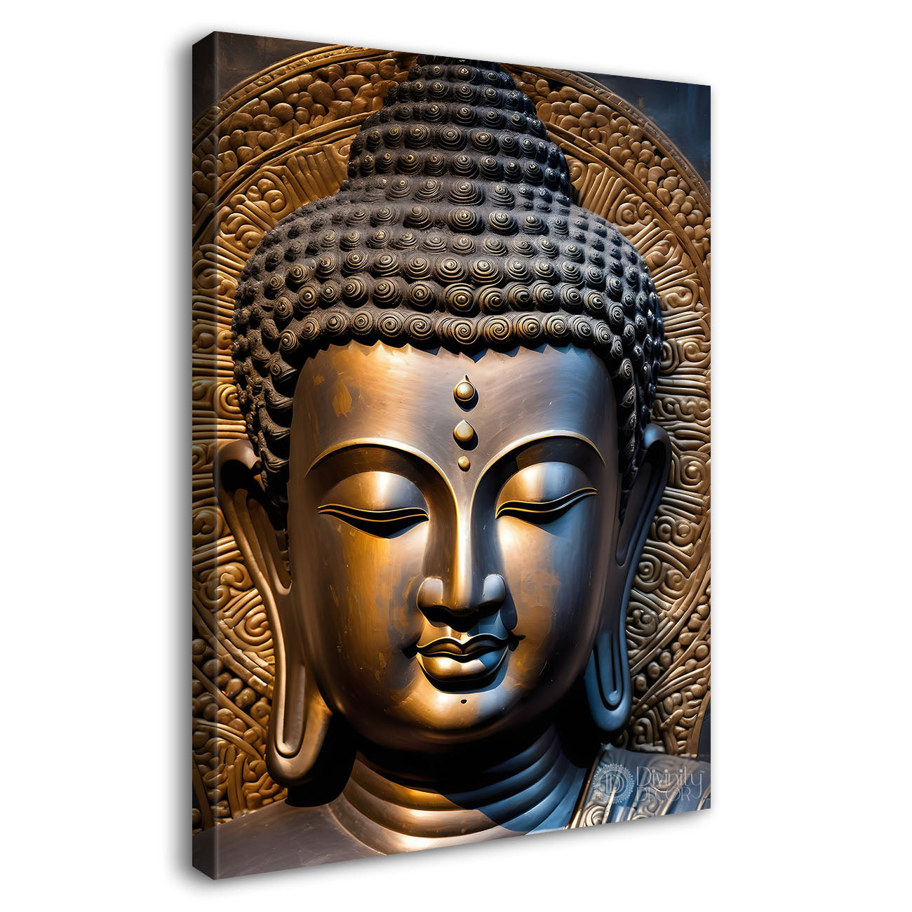 Golden buddha face with grey background textured painting - Buddha-V-35
