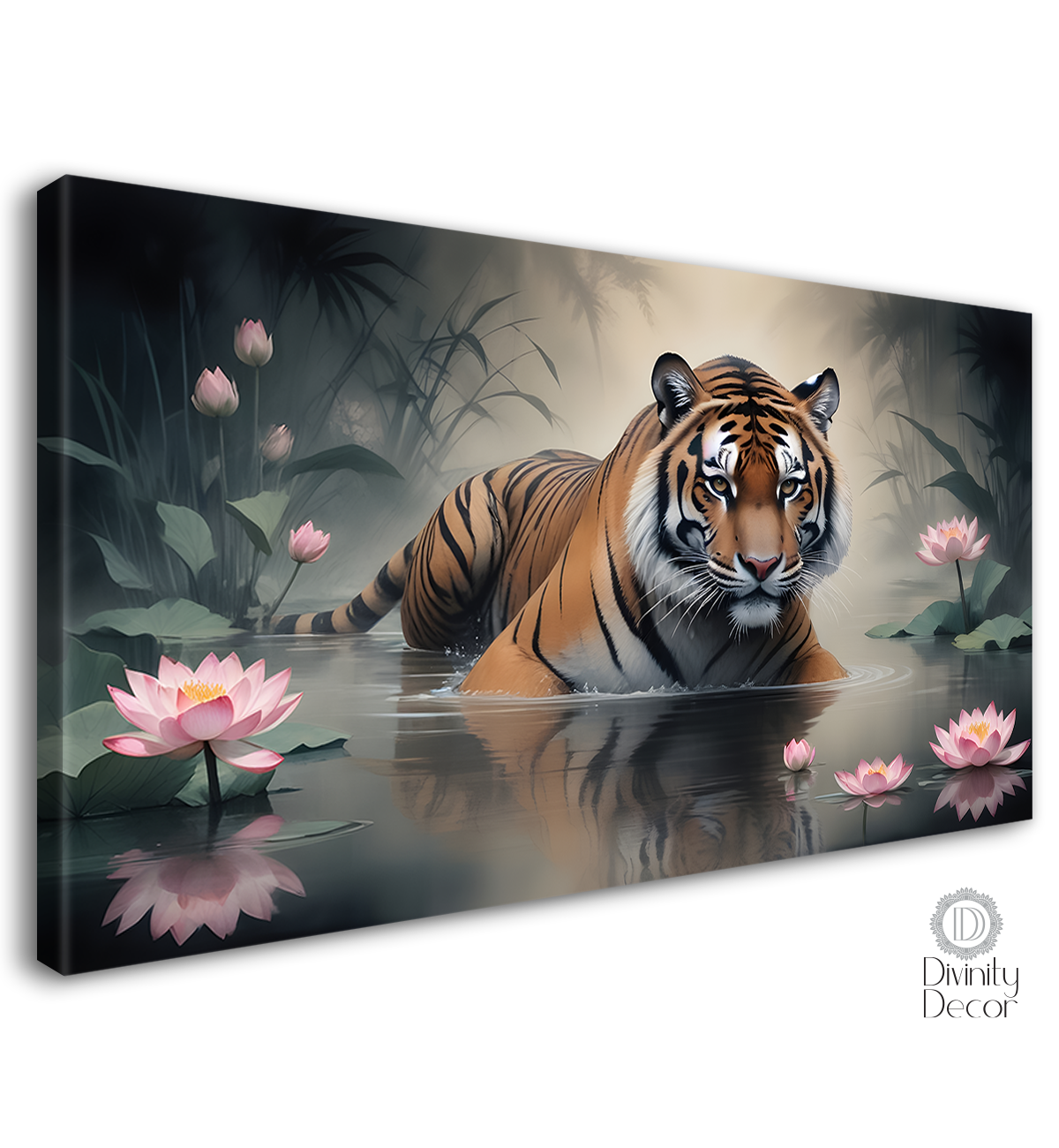 Tiger with lotus in light background textured art.- Design - Animal -35
