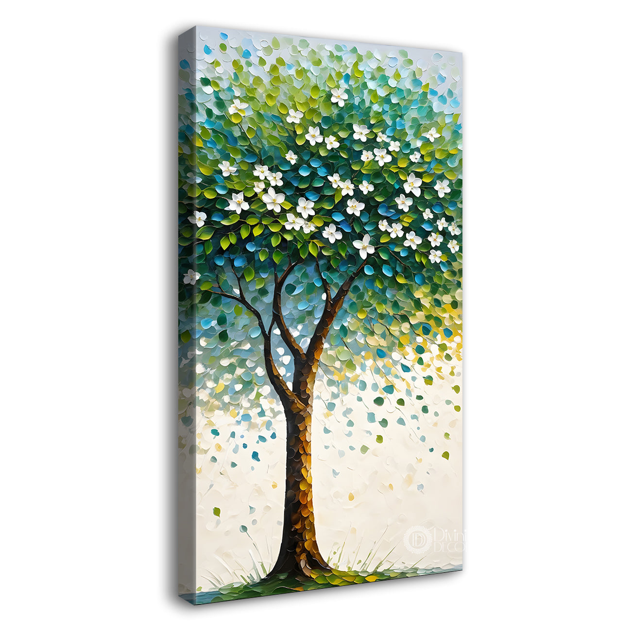 White flowers tree in textured oil painting Canvas painting - Tree-V-35