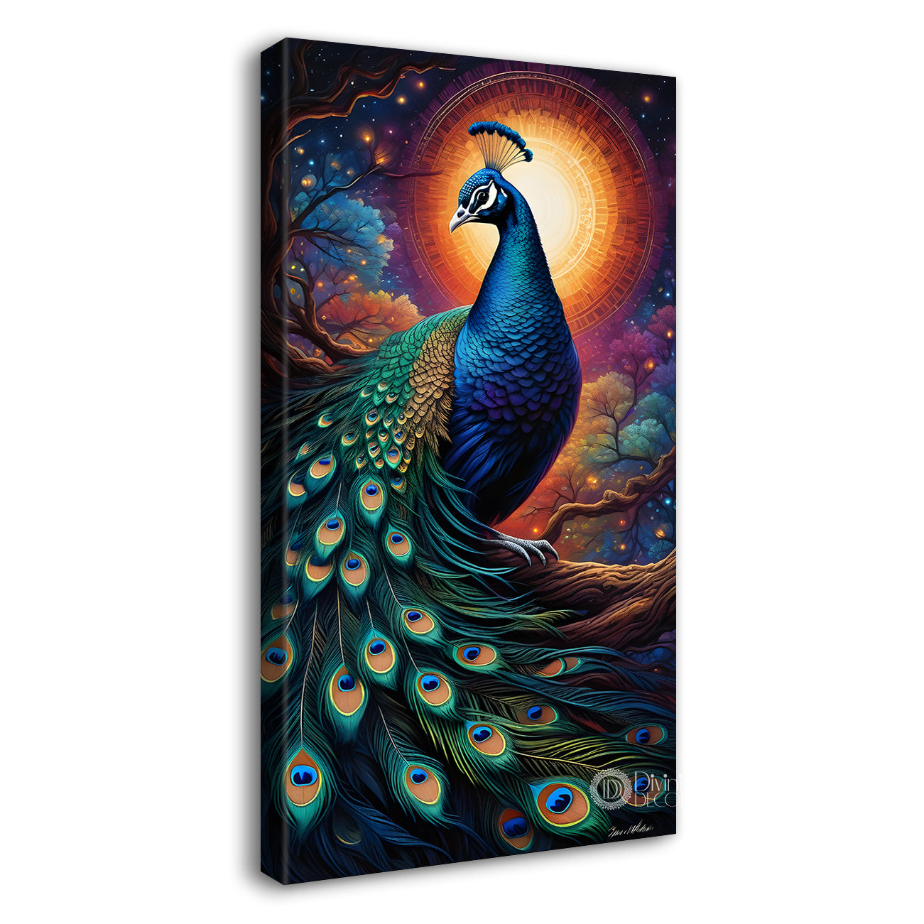 Peacock on branch in front of moon with sunset background modern art painting  - Design - Peacock-V-35