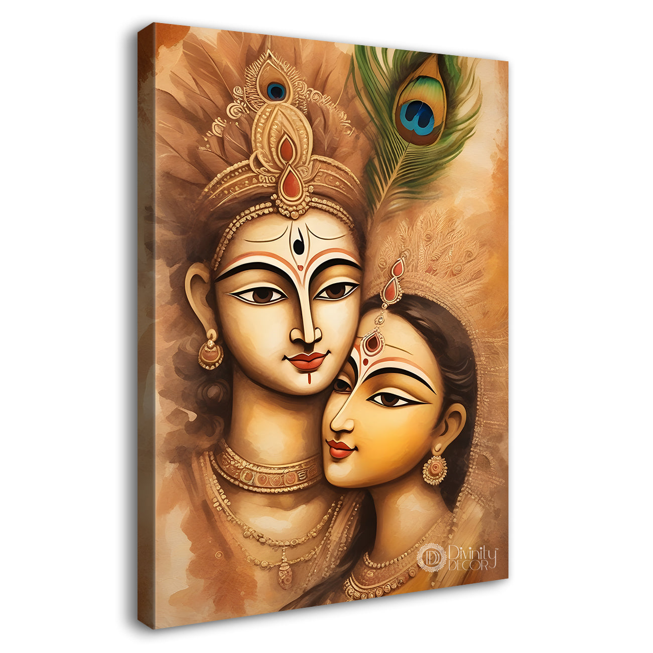 Krishna with radha in light brown background textured art Canvas Painting - Design - Krishna-V-35