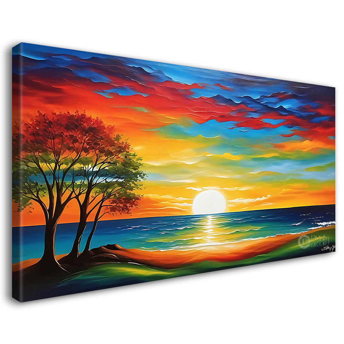 Sunrise view with sea and tree in textured natural art Canvas Painting - Nature Art -35
