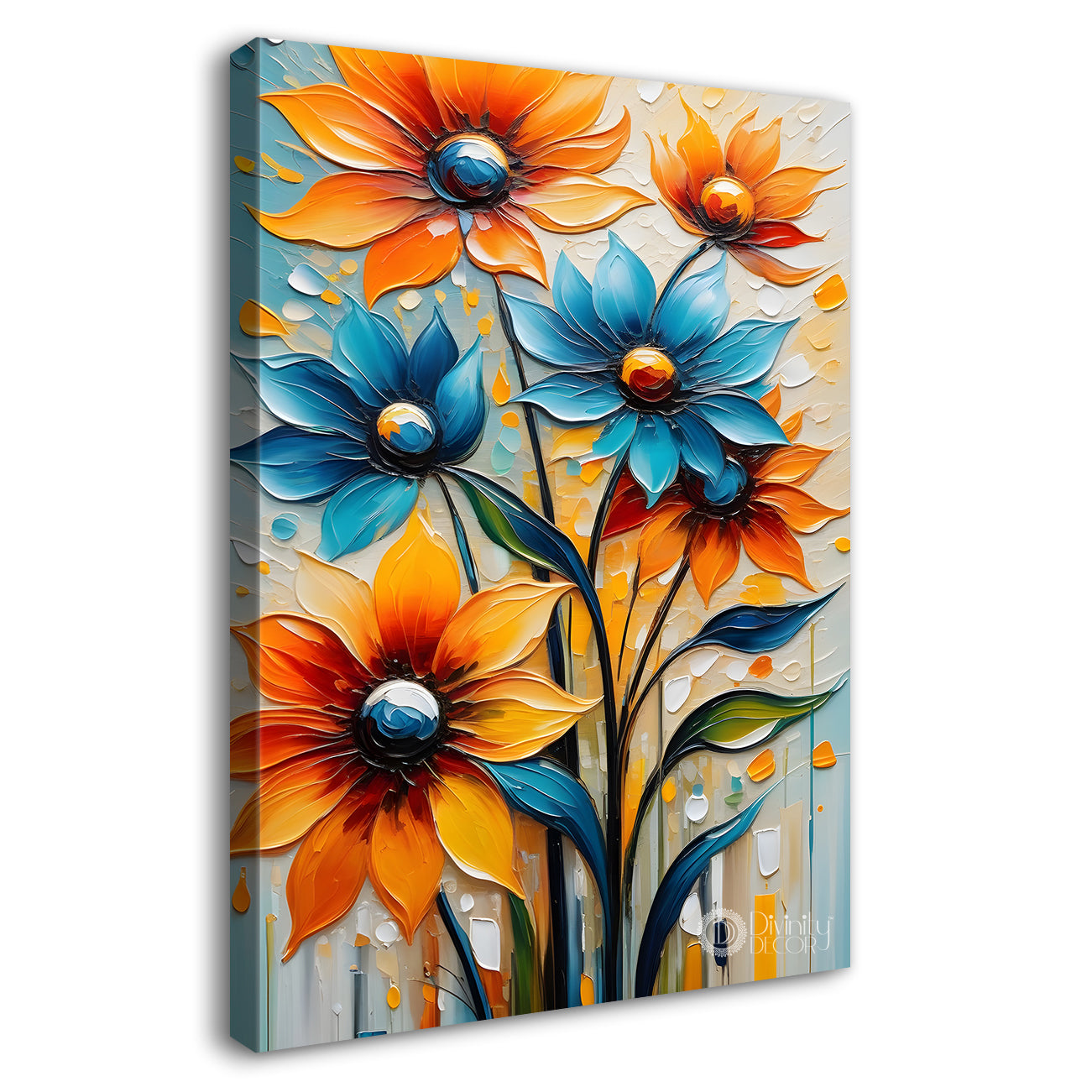 Orange and blue flowers in colourful textured background painting - Flower-V-35