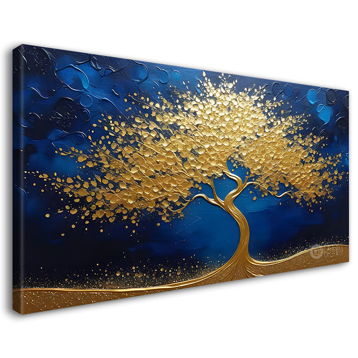Golden tree in blue background textured modern art Canvas Painting - Design - Tree-35
