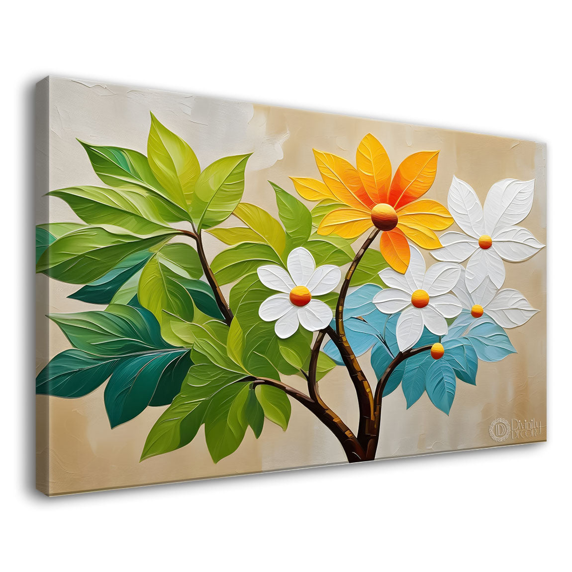 White flowers with green leaves textured painting- Design - Flower-35