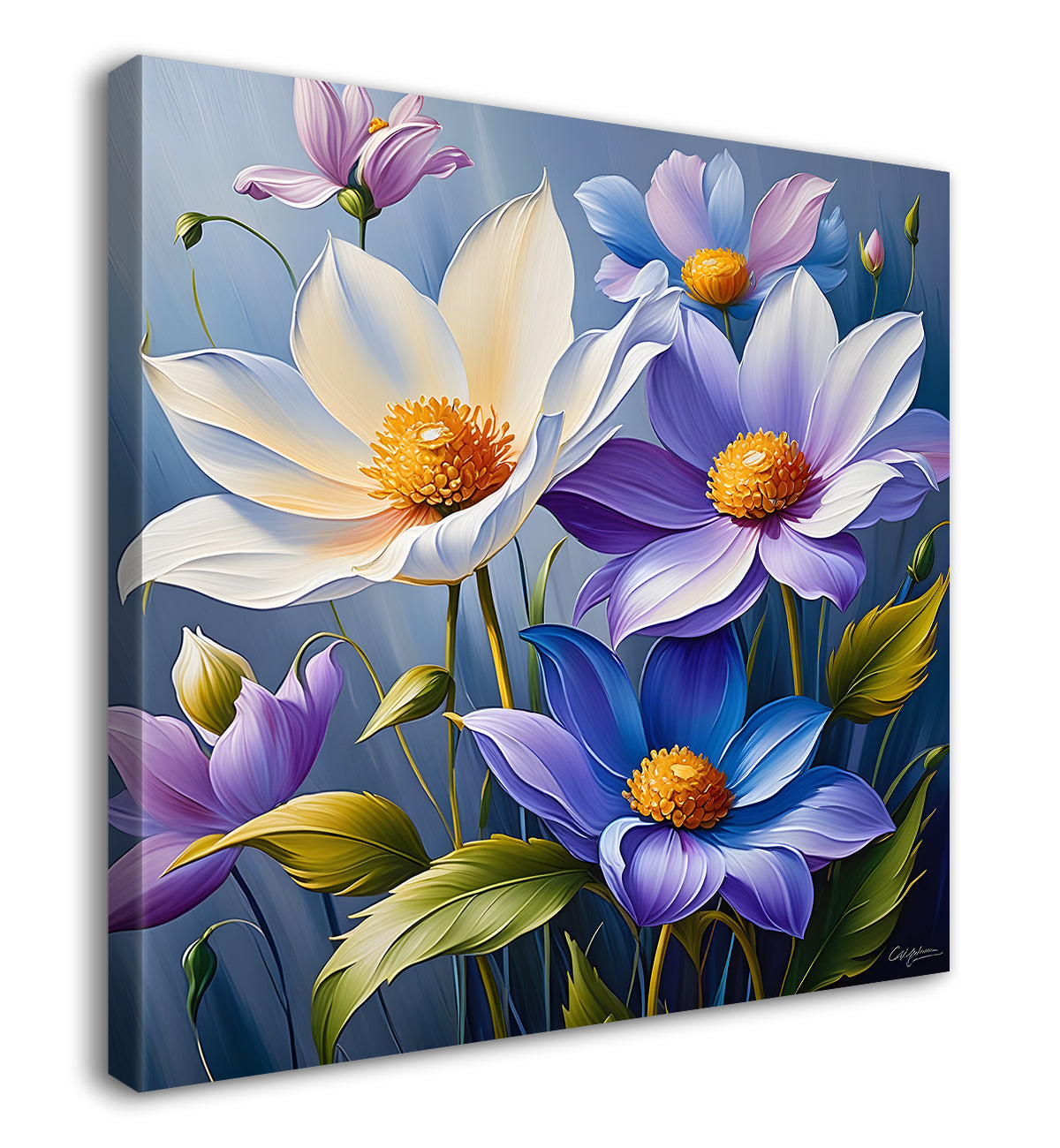 White and purple flowers in blue background textured painting  - Flower-S-35