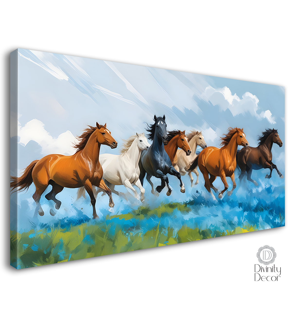 Brown, white and blue running horses on the field with cloudy and sky blue textured background art Canvas Painting - Design - Horse-36
