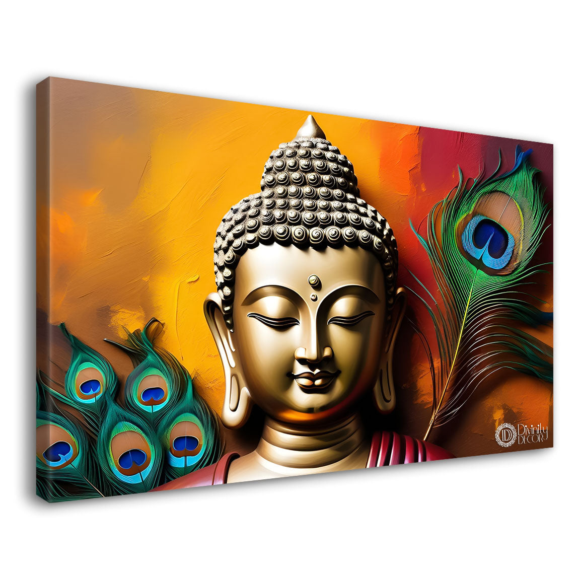 Golden buddha with peacock feather and orange textured background painting Canvas Wall Painting - Buddha-360