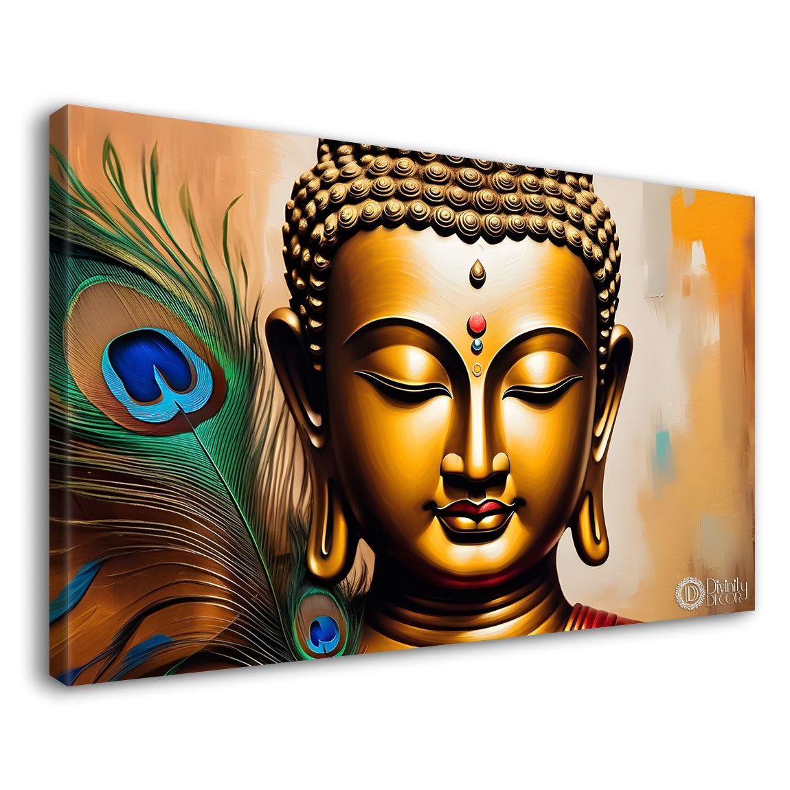 Golden buddha with peacock feather and orange textured background painting Canvas Wall Painting - Buddha-361