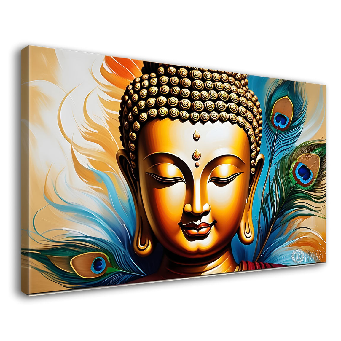 Golden buddha with peacock feather and orange textured background painting Canvas Wall Painting - Buddha-362