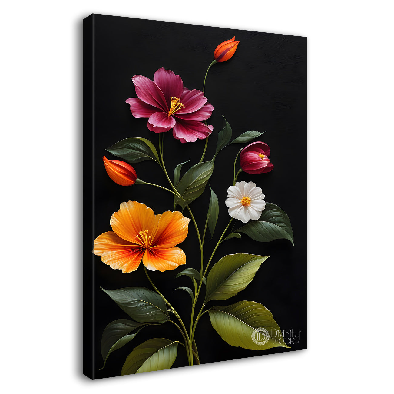 Colourful flowers in dark textured painting- Flower-V-362