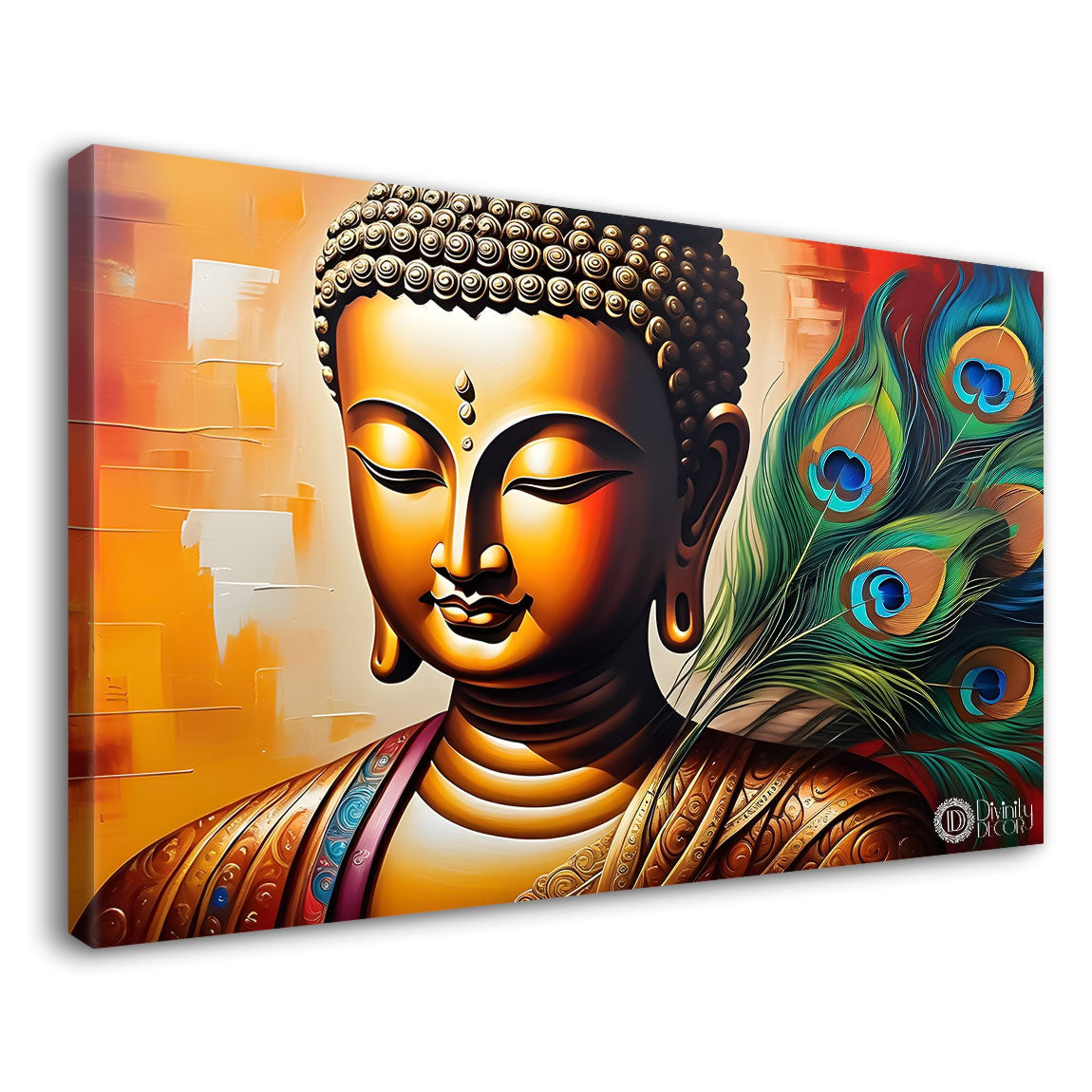 Golden buddha with peacock feather and orange textured background painting Canvas Wall Painting - Buddha-363