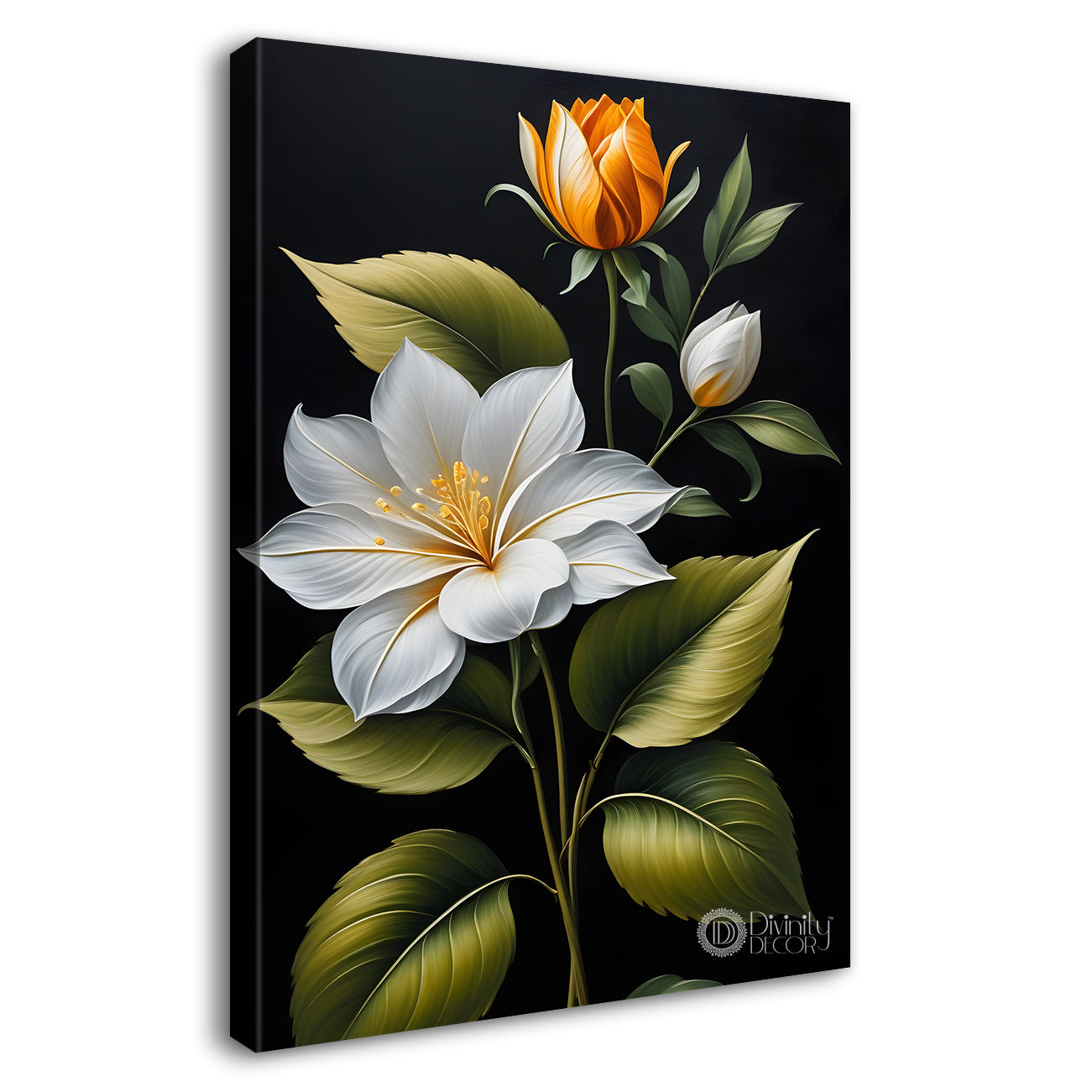 White flowers in dark textured background painting- Flower-V-363